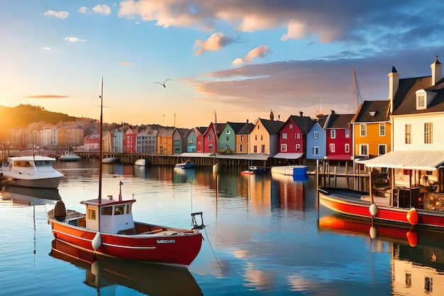 A colorful boat is docked in front of a colorful row of houses.