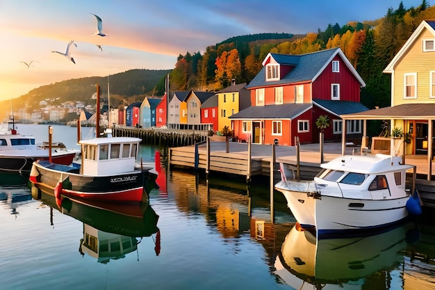 A colorful boat is docked at a pier with a boat and the seagulls flying above it.