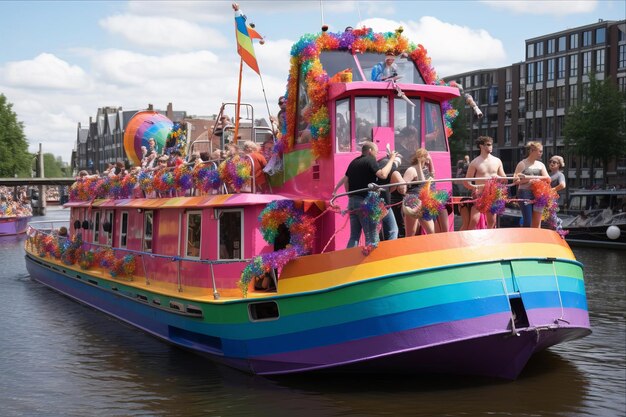 Photo a colorful boat with a rainbow colored boat on the water