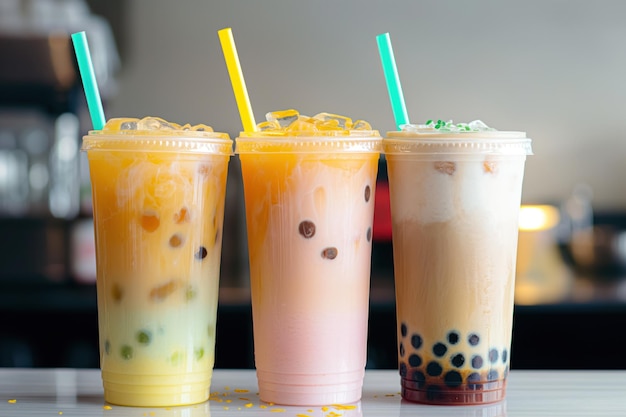 Colorful boba tea drinks in clear plastic cups on wooden table Vibrant yellow refreshing green