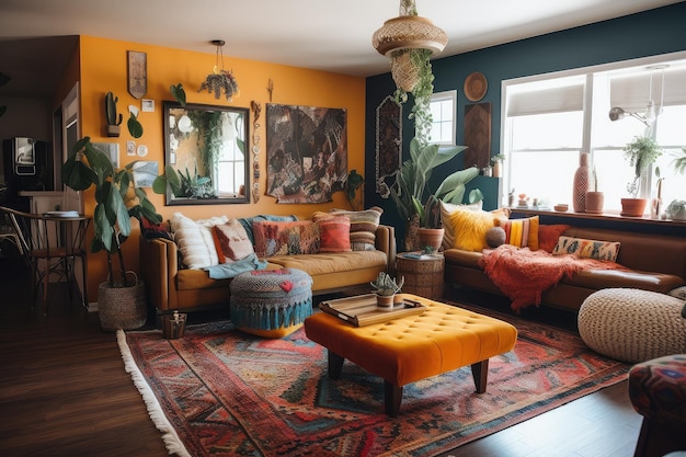 Colorful bohemian home with eclectic mix of patterns textures and shapes