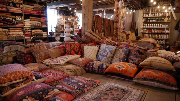 Colorful Bohemian Textile Shop with Eclectic Patterns and Handcrafted Pillows