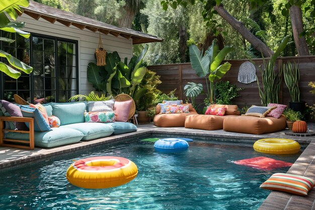 Colorful boho style backyard oasis with swimming pool lounge chairs and lush tropical foliage