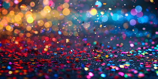 Colorful bokeh lights on a black background with rainbow confetti Concept Colorful Bokeh Lights Black Background Rainbow Confetti