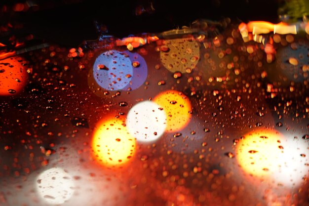 Colorful bokeh of vehicle headlights on glass on rainy day at night.