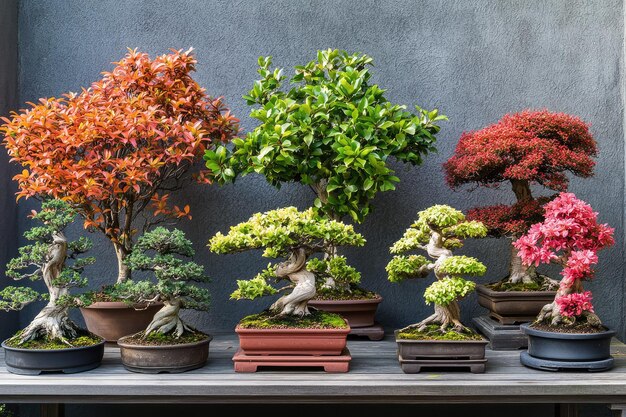 Photo colorful bonsai trees displayed in bonsai pots