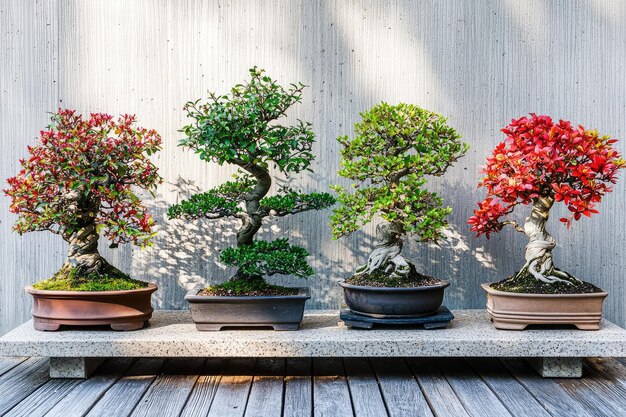 Photo colorful bonsai trees on wooden display