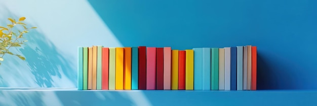 Colorful Book Collection on Blue Shelf with Sunlight and Shadows