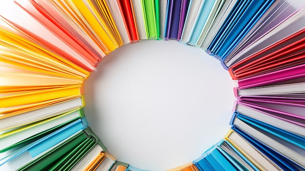 Photo colorful books forming a circle on white background for copy space