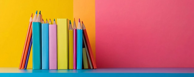 Photo colorful books and pencils standing on bookshelf on colorful background