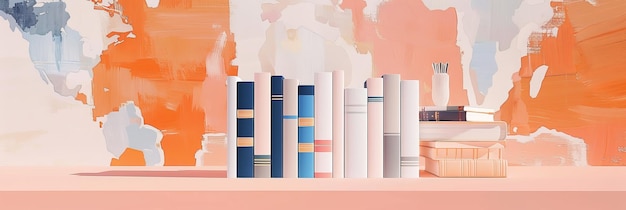 Photo colorful books on shelf against abstract world map background