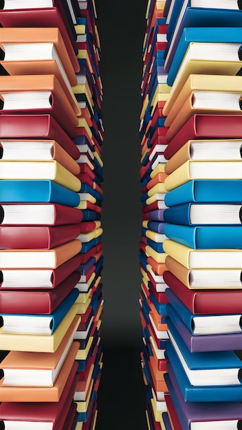 Colorful books stacked symmetrically against dark background