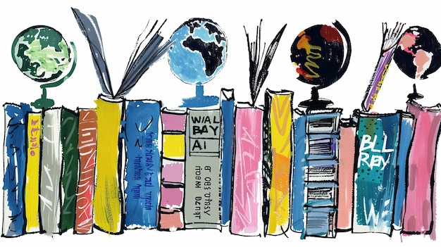 Photo colorful books with globes on a shelf illustration