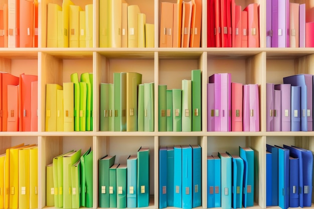 Colorful bookshelf filled with an array of organized books in a sunlit room