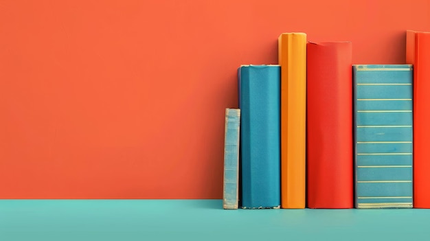 Colorful Bookshelf with Red Wall and Teal Floor A vibrant bookshelf with a variety of colorfu