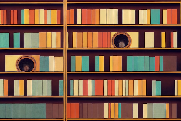 Colorful bookshelves with books