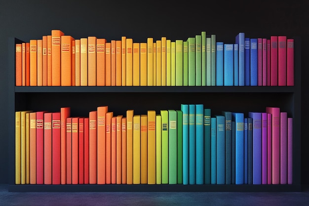 Photo colorful bookshelves with rainbowcolored books