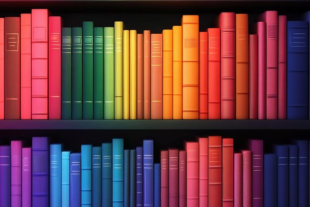 Photo colorful bookshelves with rainbowcolored books