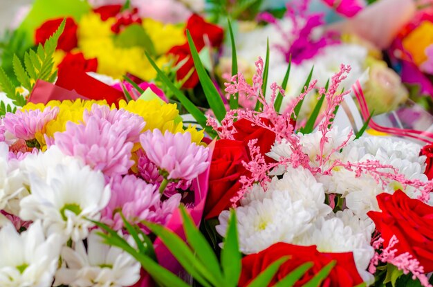 A colorful bouquet of different flowers.