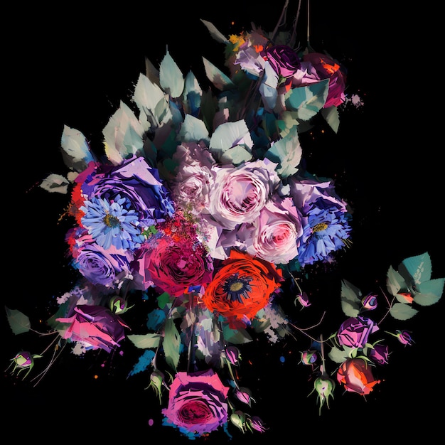 A colorful bouquet of flowers is displayed on a black background.