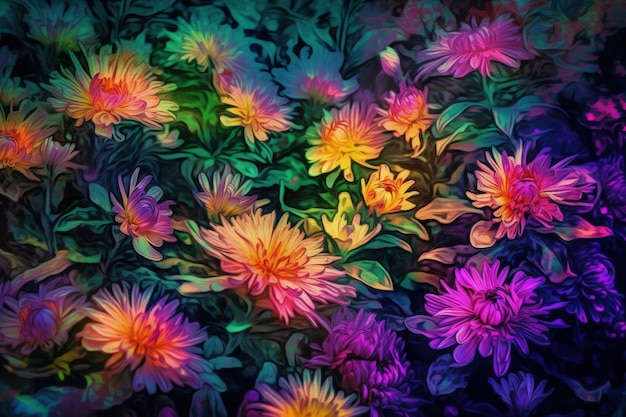 Colorful bouquet of flowers lying on green grass created with Generative AI technology