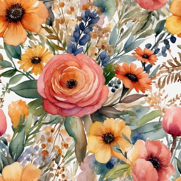 Colorful bouquet of flowers painted with watercolors