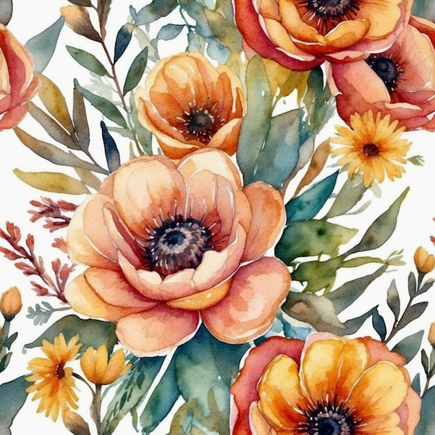 Colorful bouquet of flowers painted with watercolors