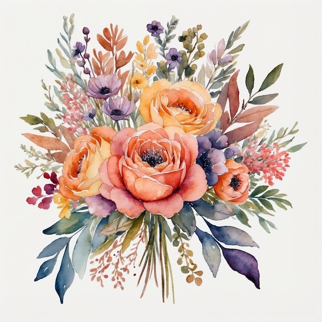 Colorful bouquet of flowers painted with watercolors