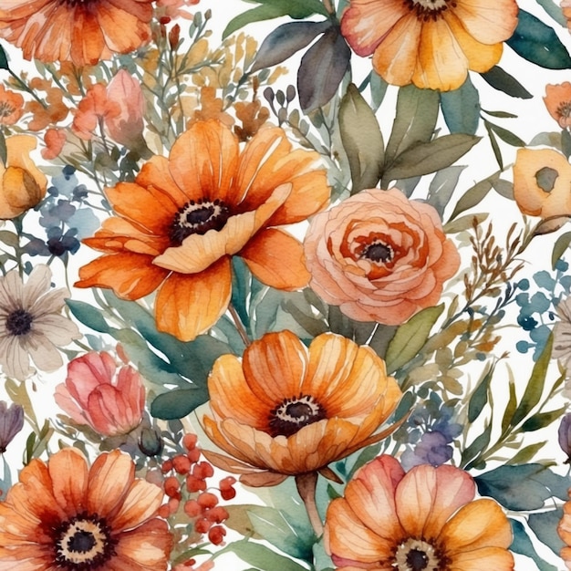 Colorful bouquet of flowers painted with watercolors