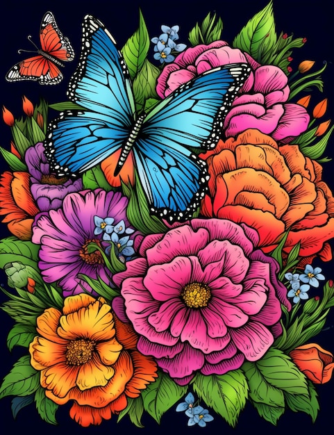 A colorful bouquet of flowers with a butterfly on top generative ai