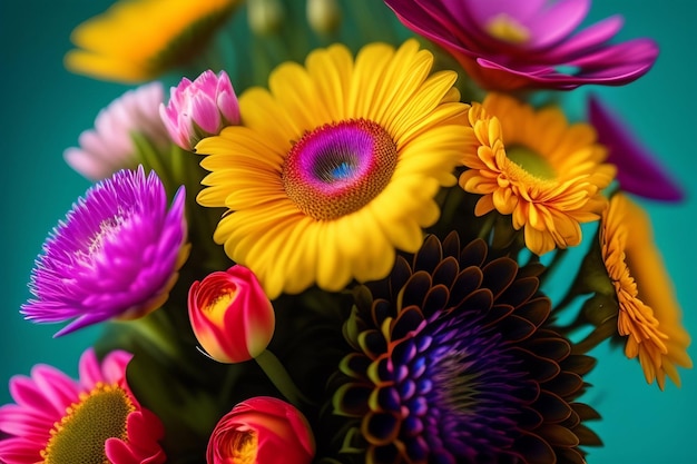 A colorful bouquet of flowers with a colorful center.