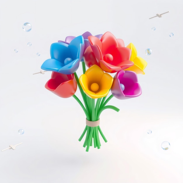 Photo colorful bouquet of flowers with floating bubbles and airplanes on a white background