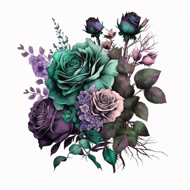 A colorful bouquet of flowers with green leaves and purple flowers.