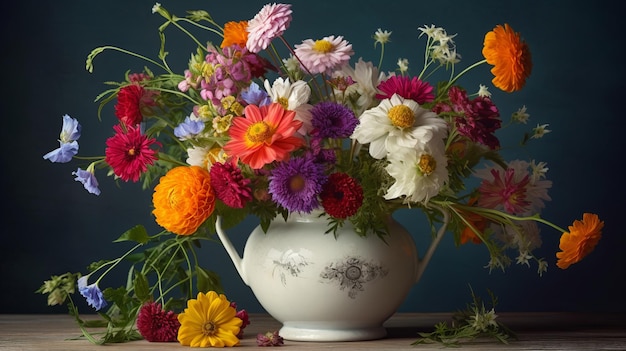 A colorful bouquet of wildflowers in a white vase AI generated