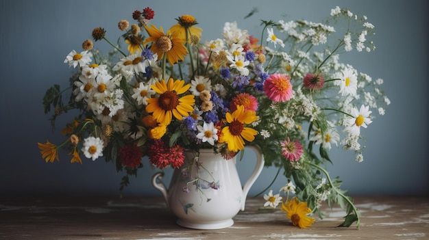 A colorful bouquet of wildflowers in a white vase AI generated