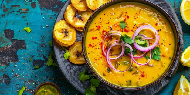 Colorful Bowl of Pumpkin Soup with Plantains and Red Onion Garnish on a Rustic Teal Table