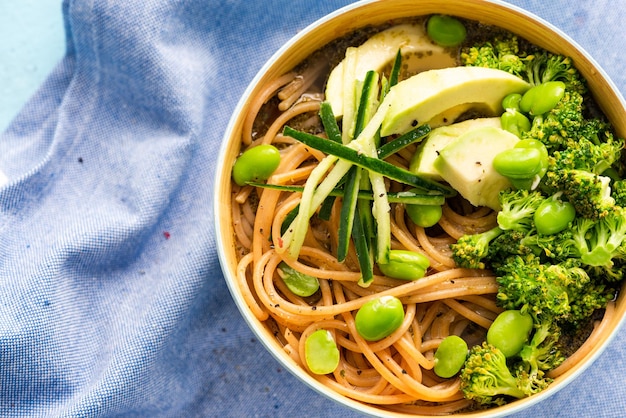 Colorful Bowl with Noodles AvocadoBroccoli and Edamame Beans Clean Eating