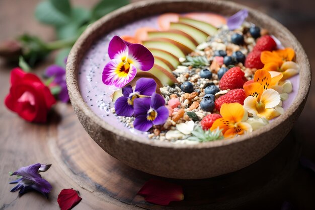 Photo a colorful bowl with a rainbow of fruits berries and flowers