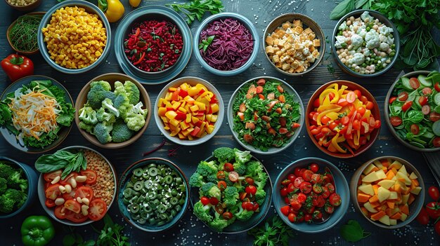 Colorful Bowls of Salad and Vegetable Ingredients