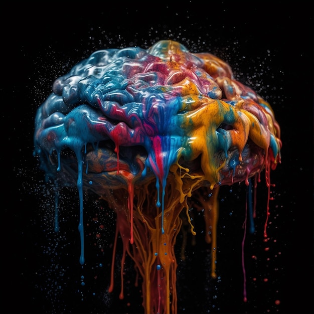 A colorful brain is covered in paint