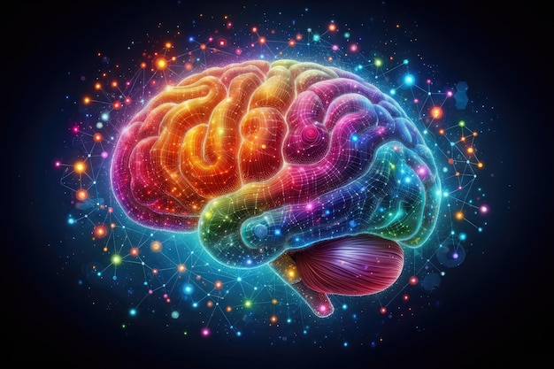 A colorful brain on the left side with stars in the background