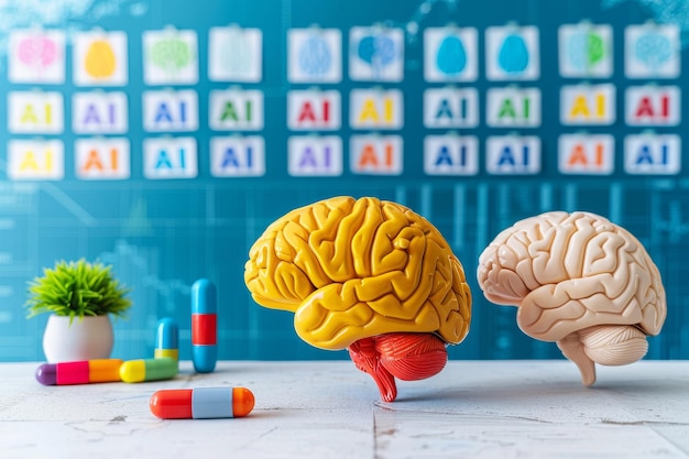 Colorful Brain Models with AI Symbols Representing Cognitive Technology and Innovation