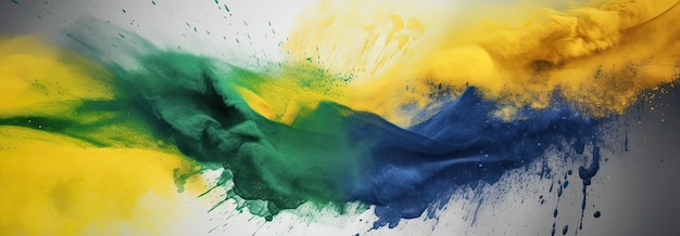 Colorful brazilian flag green yellow blue color holi paint powder explosion on isolated white background brazil rio de janeiro carnival qatar and celebration soccer fans travel tourism concept