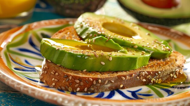 Photo a colorful breakfast plate featuring a perfectly ripe avocado sliced on top of a slice of thick