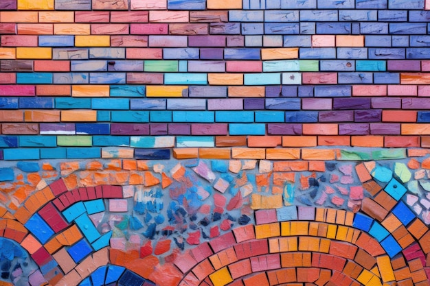 A colorful brick wall with a brick arch and a rainbow.