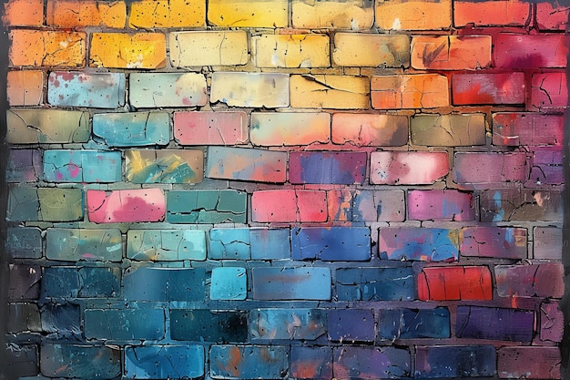 a colorful brick wall with the word  on it