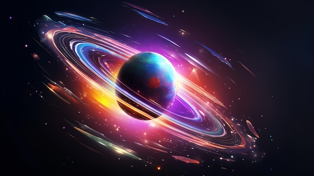 Colorful bright 3D planet with glowing neon rings