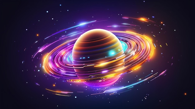 Colorful bright 3D planet with glowing neon rings