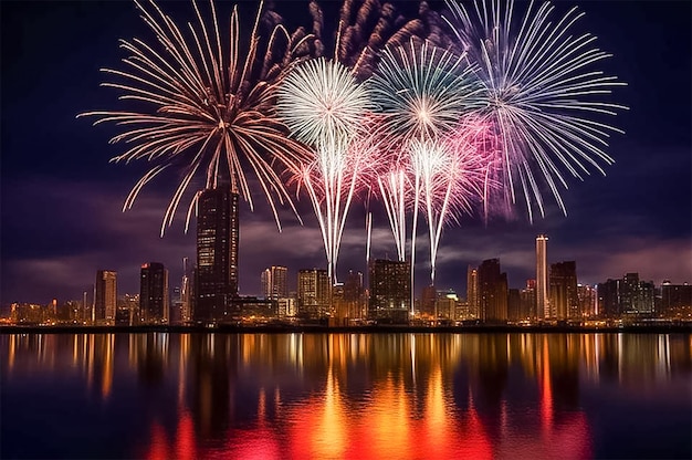 Colorful bright fireworks on the background of the city view of the embankment reflection in the wat