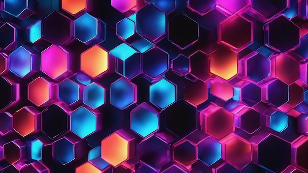 Colorful bright neon uv blue lights abstract hexagons background pattern 3d rendering illustrati